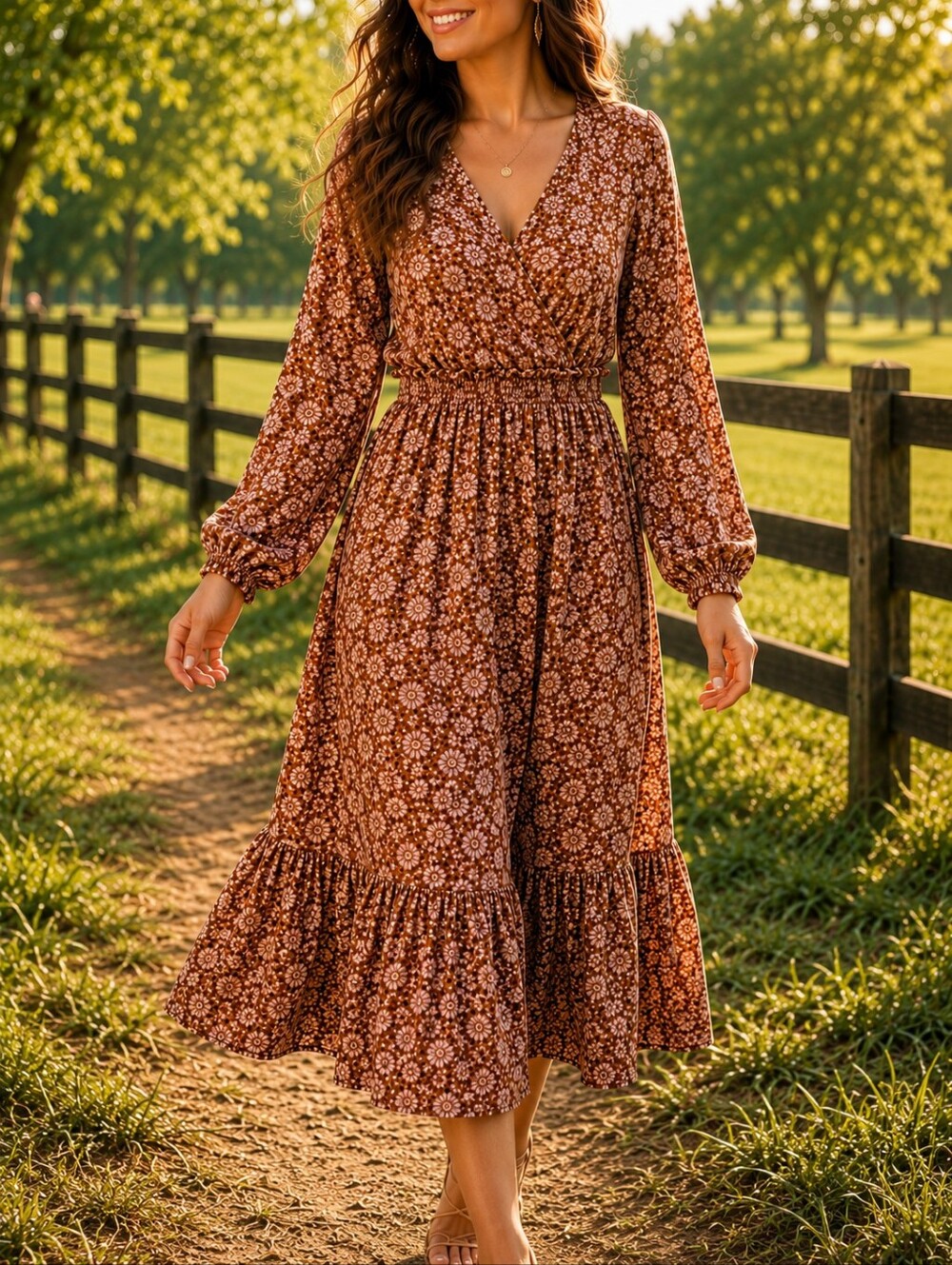 Blu Pepper Rust Floral Long Sleeve Midi Dress